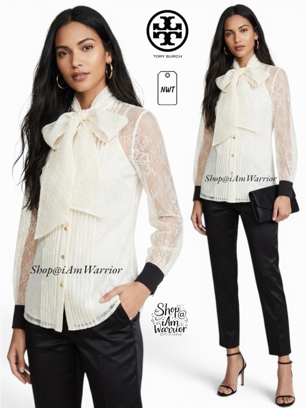 Tory Burch NWT ivory eyelash lace tie-neck blouse with contrast black cuffs